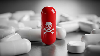 Dangerous red pill with skull symbol among white capsules