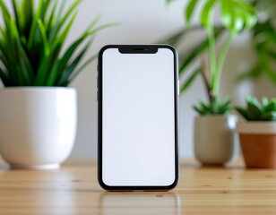 Modern smartphone with a blank white screen on a natural wooden desk, surrounded by vibrant green potted plants, creating an eco-friendly and minimalist tech environment
