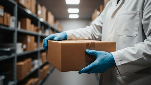 Person in lab coat handling cardboard box in warehouse