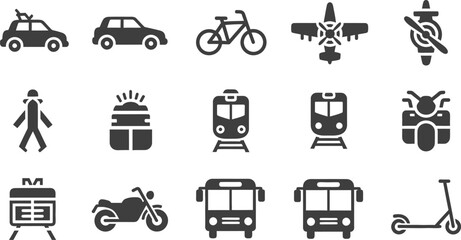 Collection of diverse transportation and mobility icons representing various methods of travel including cars bicycle airplane train motorcycle and pedestrian symbols