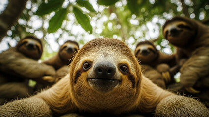 Adorable sloth family hanging out in a tree together
