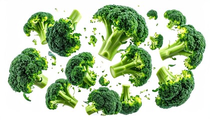 Isolated vibrant broccoli florets floating against a bright white background