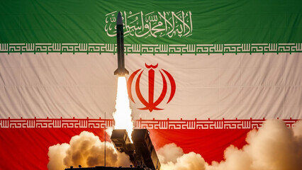 Iranian rocket launch with flag in background symbolizing power