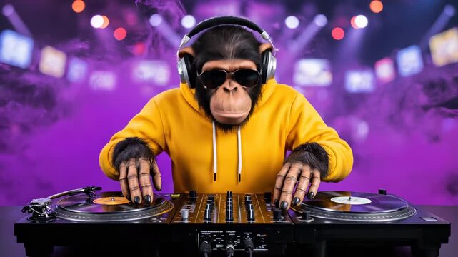 Cute monkey DJ mixes music at vibrant nightclub. Colorful lights and lively atmosphere create excitement. Enjoy fun party vibes with this entertaining video.