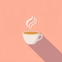 Obraz premium A steaming white coffee cup casts a long shadow on a pink background.