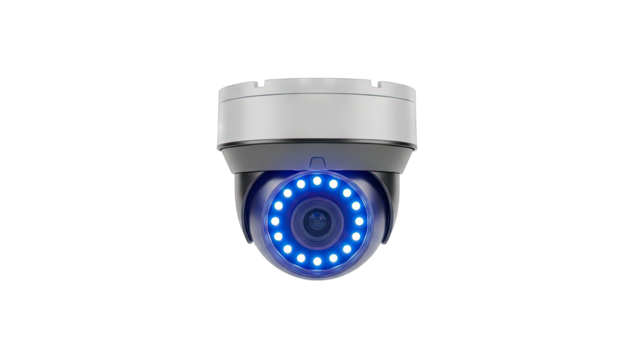 Security Camera with Blue LED Lights on White Background - Powered by Adobe