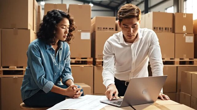 Two young entrepreneurs working together in a warehouse, using a laptop to manage inventory and plan logistics for their small business.