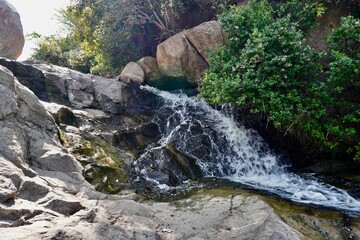 Small waterfall flowing over rocks surrounded by green vegetation in natural setting