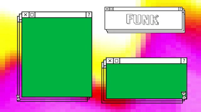 Animation of computer screen windows and funk text on colorful background