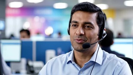 Friendly Indian customer service representative wearing headset in a call center.