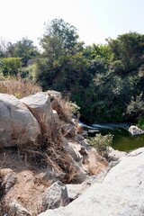 Vertical view of rocky slope leading toward calm water with surrounding greenery