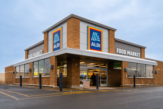 Rome, New York - Dec 17, 2025: Close-up overcast view of Aldi Market which stands for Albrecht Discount. ALDI is a Global Discount Supermarket Chain that Originated in Germany