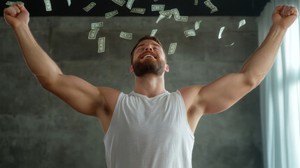 Happy man arms raised money falling celebration success winner indoor