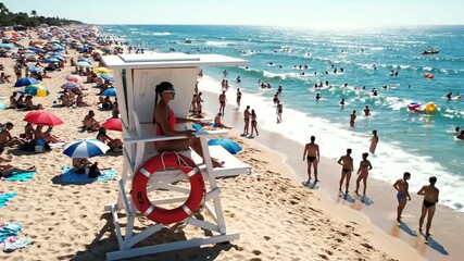 Lifeguard on duty at a crowded beach on a sunny day.