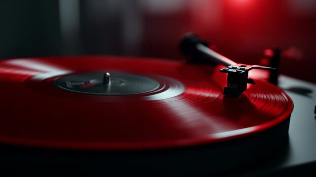 In a cozy room, a turntable spins vibrant red vinyl records under soft lighting. The atmosphere invites relaxation and nostalgia as music fills the air