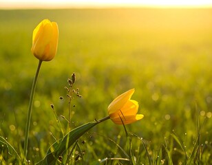 Two vibrant yellow tulips, bathed in golden morning light, meadow