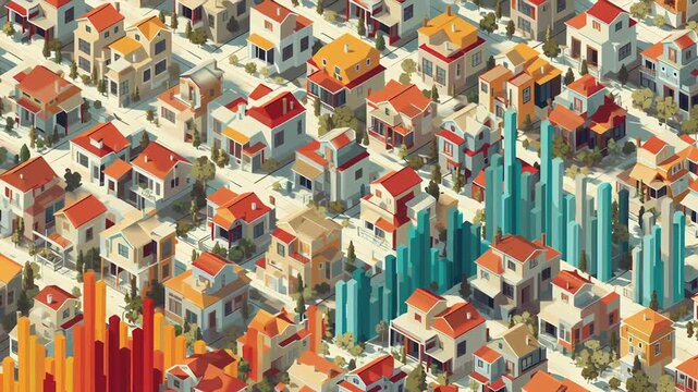 Population trends influencing housing demand, abstract neighborhood layout combined with demographic charts, modern editorial look, real estate demographic analysis