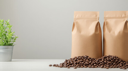 Brown coffee bean bag coffee bean packaging blank mockup on table with plant minimal style