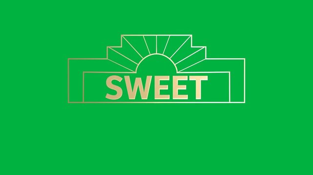 Animation of gold text sweet, in decorative gold frame, on black background