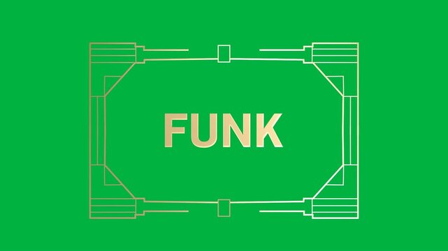 Animation of gold text funk, in decorative gold frame, on black background