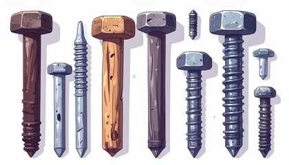 Fototapeta premium Various types of screws and bolts arranged in a row on a plain background