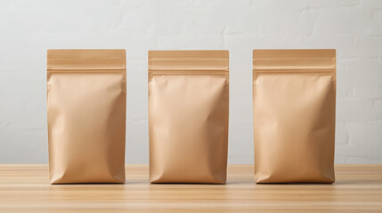 Three brown coffee bean bags stand wooden table, minimalist packaging, blank label, neutral mood