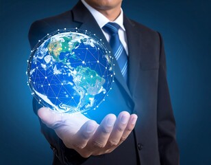 Man in suit holding glowing digital earth