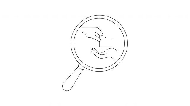 A magnifying glass focuses on two hands exchanging a card or small document
