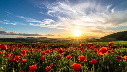 Vibrant poppy field at sunset with rolling hills and dramatic sky.