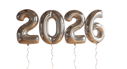 Shiny silver balloons forming 2026 on black background