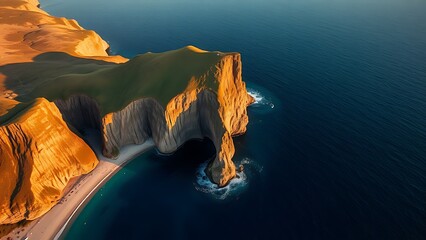 steep. A steep cliff jutting out from a smooth coastline into the deep blue sea, aerial view. travel magazines, destination branding, designed for travel destination branding.