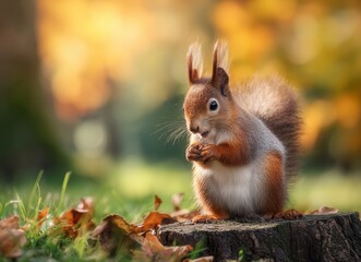 Obraz premium Red squirrel sitting on a tree stump, surrounded by autumn leaves in warm evening light. Peaceful wildlife scene in a colorful forest setting.