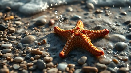 receding. A broken starfish lying on a pebble beach, as if just thrown by a receding wave. wildlife magazines, conservation campaigns, designed for nature documentaries and education.