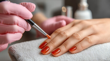 Woman receive care service by professional Beautician Manicure at spa centre.