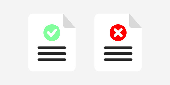 Approved document and rejected document. Paper with tick check mark and cross mark. Flat vector design isolated illustration.