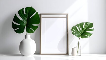 Modern minimalist composition frame, foliage, and vases on a white surface
