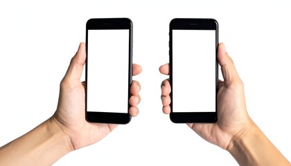 Two hands holding blank smartphones against a stark white background