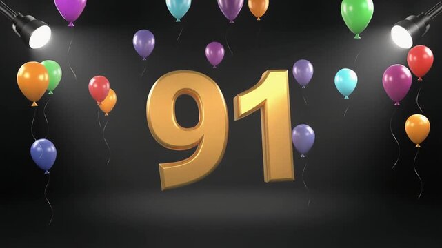Number 91 in the spotlights with balloons in the background. Festive scene for birthday or anniversary party