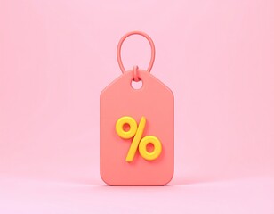 Pink 3D render of a tag with a yellow percentage sign