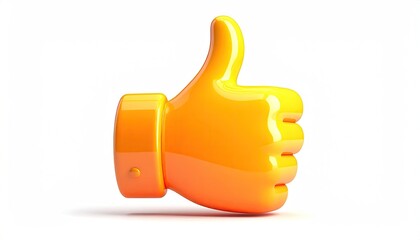 Shiny orange hand with thumb up, showing approval, on white background