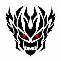 Tribal Dragon Demon Skull Vector Art, Fierce Black Mythical Creature with Red Eyes