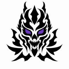 Tribal Demonic Skull Vector Art, Sharp Black Flame Motif with Glowing Purple Eyes