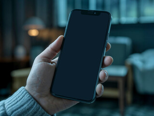 Close up of a hand holding a smartphone with a blank black screen in a modern dimly lit room. Mockup for mobile app design or website presentation. Digital lifestyle technology concept.