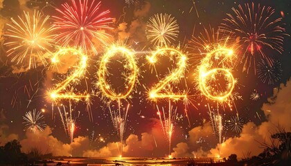 2026 New Year Fireworks Celebration with Glowing Sparkler Numbers in Golden Night Sky