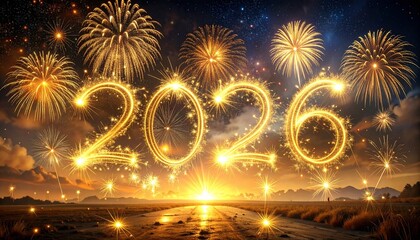 2026 New Year Fireworks Celebration Over Scenic Landscape with Glowing Golden Numbers