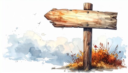 Wooden signpost stands in a field with clouds and vegetation during daylight hours