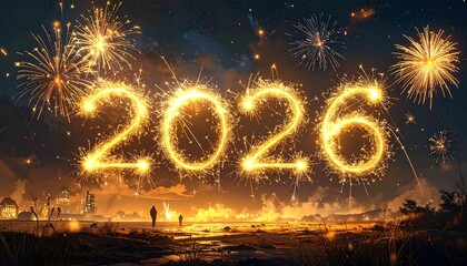 2026 New Year Fireworks Celebration Over Scenic Landscape with Glowing Golden Numbers