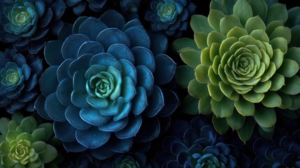 Desert plant study: blue-tinted succulents forming precise geometric rosettes against a dark backdrop