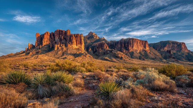 Desert panorama: red rock peaks and blue sky in the Superstition range