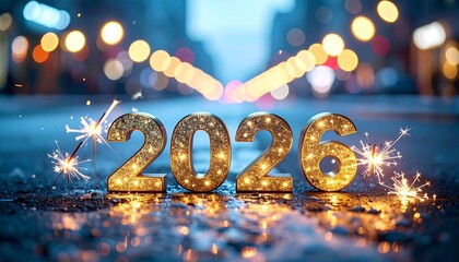 2026 New Year Celebration with Golden Numbers and Sparklers on City Street at Night